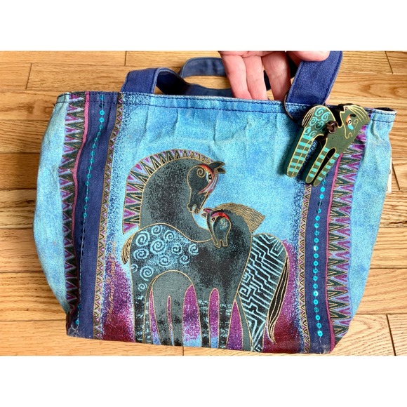 Laurel Burch Handbags - Laurel Burch Tote Bag Horses Folk Art Blue Sequins Zipper Closure